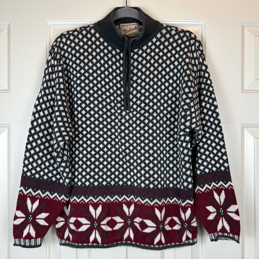 Vintage Woolrich Womens Quarter Zip Fair Isle Snowflake Sweater Ramie Cotton